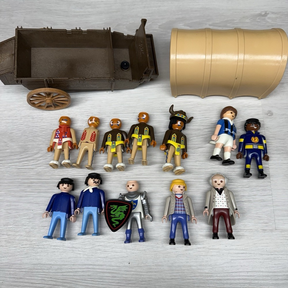Vintage Geobra Playmobil Figures Wagon Lot Knight Firefighter Native American